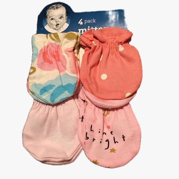 Gerber Anti-Scratch Mittens Girl Pink 4 Pack Cotton Sz 0-3 M Up to 12 lbs - Picture 1 of 5